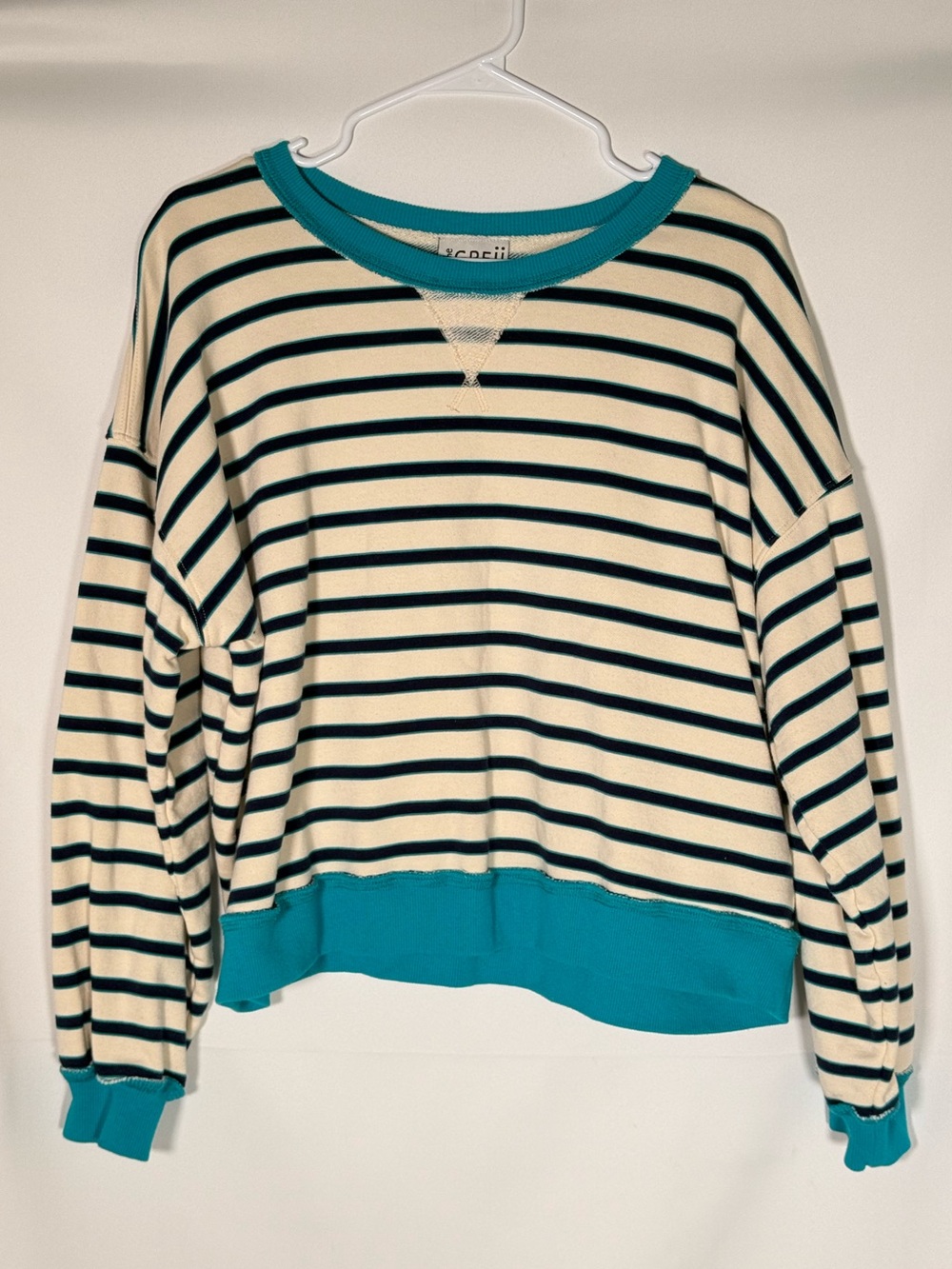 The GREii M Striped Crewneck Sweatshirt in White & Teal
